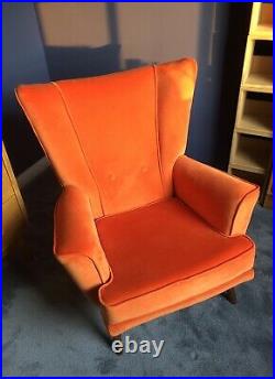 1950s G Plan E Gomme Atomic Orange Velvet Wingback Chair and Footstool