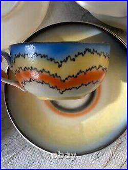 1950s MCM Coffee Set 6 Cup Saucer Creamer Czech Electric Atomic Wave Handpainted