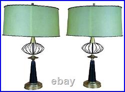 2 Mid Century Modern Metal Wire Brass Atomic Table Lamps & Shades 24