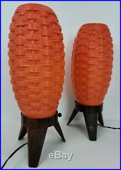 (2) Vintage Mid Century Modern Beehive Basket Weave Orange Atomic Rocket Lamps