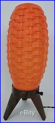 (2) Vintage Mid Century Modern Beehive Basket Weave Orange Atomic Rocket Lamps