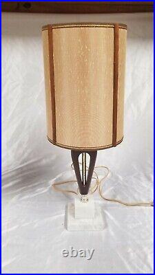 2 Vtg MID Century Modern Teak Wood Boudiare Table Lamps & Shades 1950's Atomic