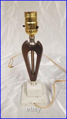 2 Vtg MID Century Modern Teak Wood Boudiare Table Lamps & Shades 1950's Atomic