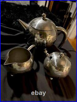 3 Pcs, Mid-Century, Danish Atomic Style Stainless Steel, 1960s, Chrome Tea Set