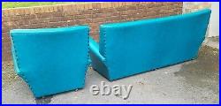 ATOMIC MID CENTURY 60s Retro Kingfisher Blue 3 Three Piece Suite Sofa Arm Chair