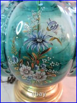 Atomic Age Mid Century Modern TEAL BLUE GLASS BUBBLE TABLE LAMP FLOWERS BULBOUS