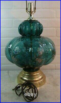 Atomic Age Mid Century Modern TEAL BLUE GLASS BUBBLE TABLE LAMP FLOWERS BULBOUS