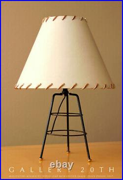 Clean! MID Century Modern Atomic Tripod Lamp 50's Leather Shade Vtg Light Retro