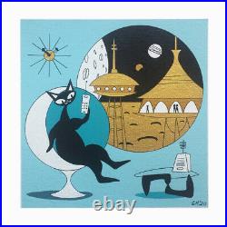 FREE SHIPPING UFO Space Atomic Cat El Gato Mid Century Modern Painting Wall Art