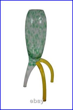 Hand Blown Mid Century Modern Atomic Green &Yellow Studio Art Glass Bud Vase 16