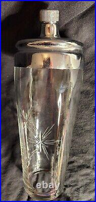 MCM ATOMIC STARBURST Etched & Chrome Cocktail Shaker with Matching Glasses