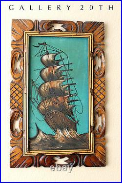 MID Century Modern Ship Painting! Vtg 1950's Galleon Wall Art Atomic Pirate Boat