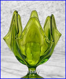 Mid-Century Atomic Green Swung Art Glass Compote Pedestal Bowl
