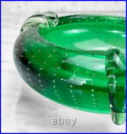 Mid-Century Atomic Italian Murano Green Bullicante Art Glass Round Ashtray