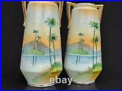 Mid-Century Atomic Japanese Porcelain Palm Tree Motif Bud Vases A Pair