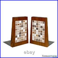 Mid-Century Atomic Mosaic Tile & Teak Library Bookends A Pair