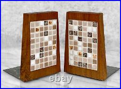 Mid-Century Atomic Mosaic Tile & Teak Library Bookends A Pair