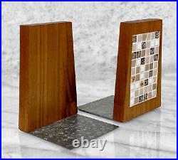 Mid-Century Atomic Mosaic Tile & Teak Library Bookends A Pair