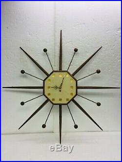 Mid Century Atomic Wall Clock Walnut Starburst Sunburst Sputnik Los Angeles 32