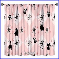 Mid Century Black Cat Curtains, Pink Atomic Starbursts Abstract Vintage Boho G