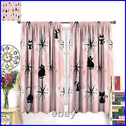 Mid Century Black Cat Curtains, Pink Atomic Starbursts Abstract Vintage Boho G