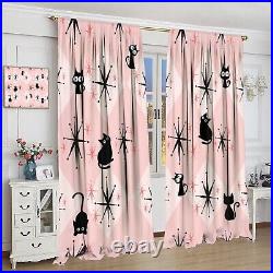 Mid Century Black Cat Curtains, Pink Atomic Starbursts Abstract Vintage Boho G