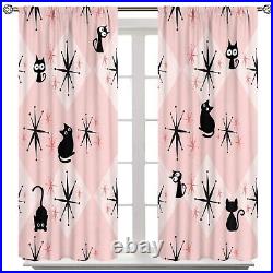 Mid Century Black Cat Curtains, Pink Atomic Starbursts Abstract Vintage Boho G