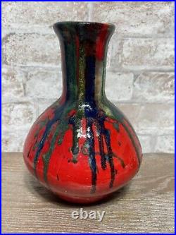 Mid Century Modern Atomic Red Drip Vase Red Blue Green Signed Polle O. Unique
