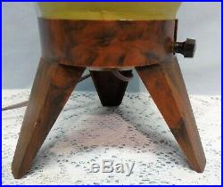 Mid Century Modern Atomic Woven Beehive Lamp Olive Green Wood Type Tripod Legs