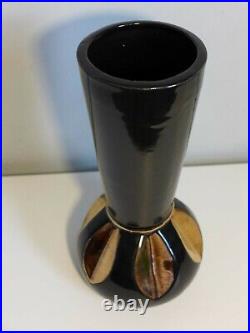 Mid Century Modern Black Fluted Ceramic Vase with Gold Insets Atomic Cool Accent
