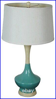 Mid Century Modern Blue Ceramic & Pickled Oak Desk Table Lamp Atomic Boho MCM