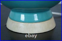 Mid Century Modern Blue Ceramic & Pickled Oak Desk Table Lamp Atomic Boho MCM