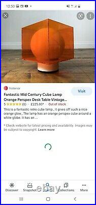 Mid-Century orange Perspex Cube Light Lamp Desk Table Vintage Retro atomic