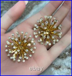 Original Vtg Starburst Retro Mid Century Modern Earrings Crystal Atomic Gold GP