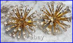 Original Vtg Starburst Retro Mid Century Modern Earrings Crystal Atomic Gold GP