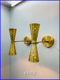 Pair Atomic 50's 60's Style mid-Century Modern Bow tie Dual Cone Wall Sconce