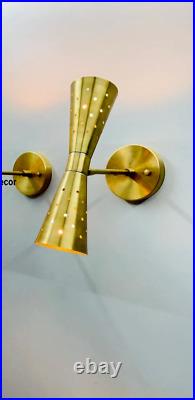 Pair Atomic 50's 60's Style mid-Century Modern Bow tie Dual Cone Wall Sconce