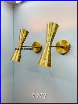 Pair Atomic 50's 60's Style mid-Century Modern Bow tie Dual Cone Wall Sconce