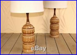Pair Large Ceramic Wood Lamps Mid Century Modern Beige Tan Walnut Retro Atomic