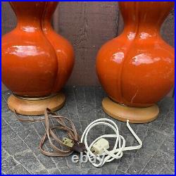 Pair Of Mid Century Ceramic Lamps Flame Orange Glazed Atomic MCM