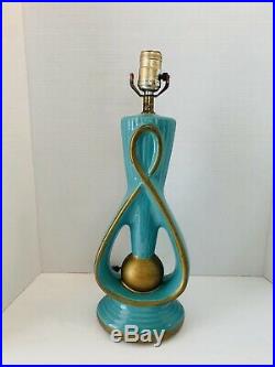 Pair Turquoise Gold Mid Century Modern MCM Lamp Light Atomic Retro Table Bedroom