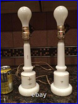 Pair Vintage Mid-Century Lamps withOriginal PINK fiberglass shades 1950s ATOMIC