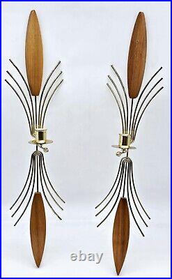 Pair Vtg MCM Brass Colored Teak Candle Wall Sconces Sunburst Atomic Retro 22