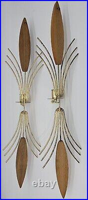 Pair Vtg MCM Brass Colored Teak Candle Wall Sconces Sunburst Atomic Retro 22