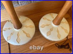 Pair of Vintage Mid-Century F. L. Co. Ceramic Wood Table Lamps MCM Atomic 1963