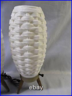 Pr'60's ATOMIC MID CENTURY 14 BEEHIVE WHITE BASKET WEAVE PLASTIC TRIPOD LAMPS