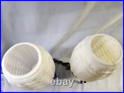 Pr'60's ATOMIC MID CENTURY 14 BEEHIVE WHITE BASKET WEAVE PLASTIC TRIPOD LAMPS