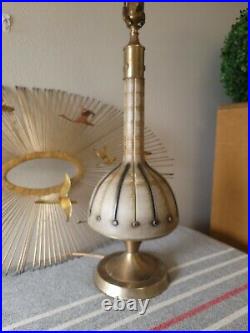 RARE Vintage BRUTALIST Art Pottery + BRASS Table LAMP Mid-Century Modern/ATOMIC