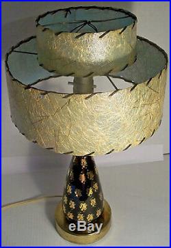 Retro Mid-century Atomic Black & Gold Ceramic Lamp 2 Tier Green Fiberglass Shade