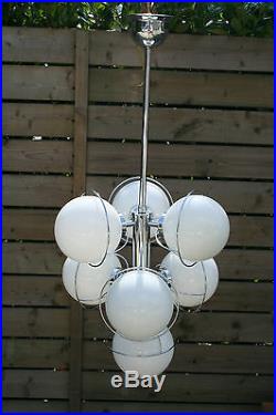 Retro Mid-century Chrome 7 opaline glass globes sputnik atomic chandelier 70's